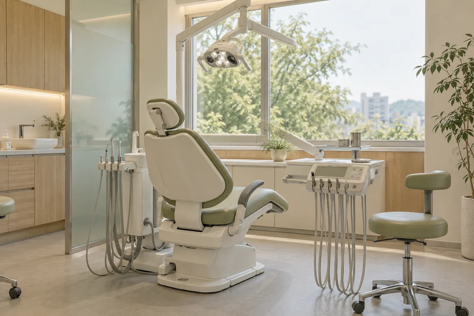 자연광이 들어오는 세이지색 치과 진료 공간의 콘셉트